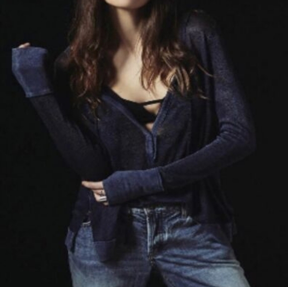 Free People Affogato Hacci Tunic Top Long Sleeve 0Tie Midnight Denim Blue Size S - Picture 2 of 13